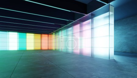 Foto de Vacío moderno espacio de sala de usos múltiples con gradiente de color pared de vidrio transparente. Representación 3D realista - Imagen libre de derechos