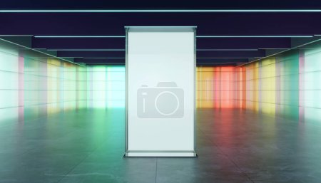 Foto de Espacio de sala de usos múltiples con gradiente de color pared de vidrio transparente y cartelera de vidrio luminoso. Representación 3D realista - Imagen libre de derechos