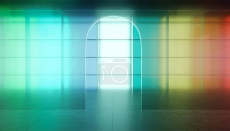 Foto de Espacio de sala de usos múltiples con gradiente de color pared de vidrio transparente y puerta de arco de material de vidrio. Escena para la exhibición del producto. Renderizado 3D - Imagen libre de derechos