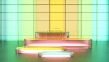 Photo for Colored gradient transparent glass wall and glass material round stage. Scene For product showcase. 3D rendering - Royalty Free Image