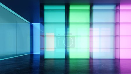 Téléchargez les photos : Espace de pièce polyvalent avec mur en verre transparent dégradé coloré et panneau d'affichage en verre lumineux. rendu 3D réaliste - en image libre de droit