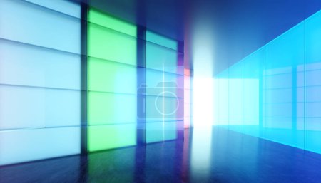 Photo for Empty modern multiple purpose room space with colored gradient transparent glass wall. 3D realistic rendering - Royalty Free Image