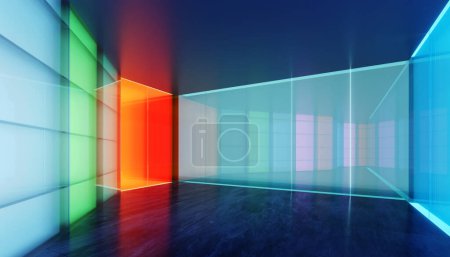 Photo for Empty modern multiple purpose room space with colored gradient transparent glass wall. 3D realistic rendering - Royalty Free Image