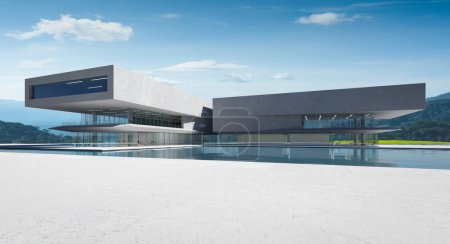 Foto de Arquitectura moderna con piscina, fachada de hormigón y vidrio, diseño de estilo minimalista, cielos azules, representación 3D - Imagen libre de derechos