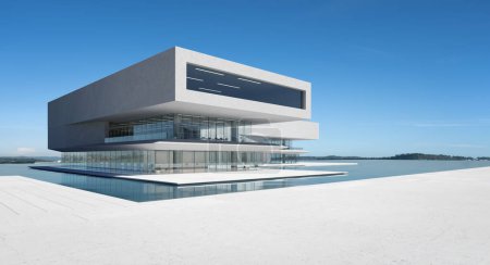 Foto de Arquitectura moderna con piscina, fachada de hormigón y vidrio, diseño de estilo minimalista, cielos azules, representación 3D - Imagen libre de derechos