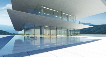 Foto de Moderno edificio de oficinas con fachada de hormigón y vidrio, diseño de estilo minimalista, representación 3D - Imagen libre de derechos