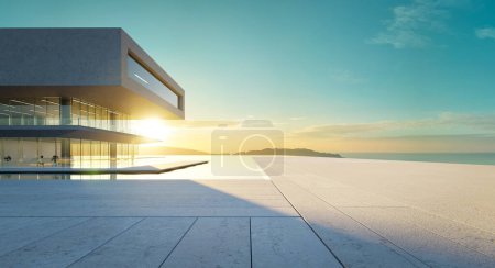 Foto de Arquitectura moderna con piscina, fachada de hormigón y vidrio, diseño de estilo minimalista, representación 3D - Imagen libre de derechos