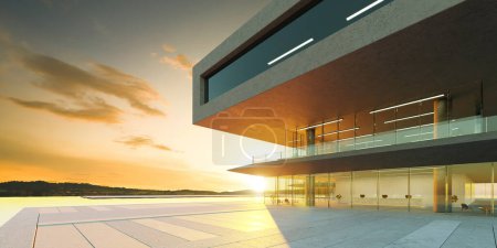 Foto de Arquitectura moderna con piscina, fachada de hormigón y vidrio, diseño de estilo minimalista, representación 3D - Imagen libre de derechos