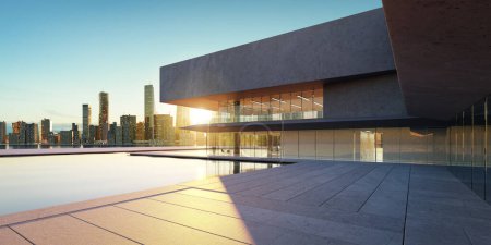 Arquitectura moderna con piscina, fachada de hormigón y vidrio, diseño de estilo minimalista, representación 3D