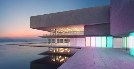 Téléchargez les photos : Architecture moderne avec piscine, façade en béton et verre, design minimaliste, rendu 3D - en image libre de droit