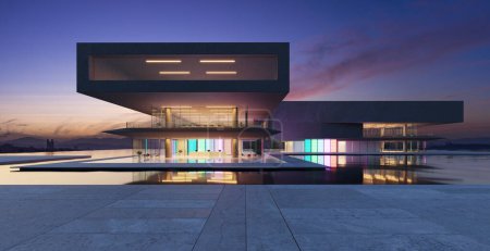 Téléchargez les photos : Les bâtiments modernes ont des murs en verre dégradé coloré avec un aménagement paysager de l'étang en face. rendu 3D - en image libre de droit