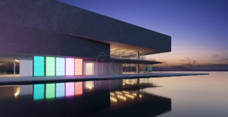 Photo for The modern buildings have colored gradient glass walls with a pond landscaping in front. 3D rendering - Royalty Free Image