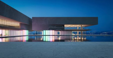 Téléchargez les photos : Les bâtiments modernes ont des murs en verre dégradé coloré avec un aménagement paysager de l'étang en face. rendu 3D - en image libre de droit