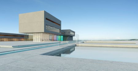 Téléchargez les photos : Architecture moderne avec étang, façade en béton et verre, design minimaliste, ciel bleu, rendu 3D - en image libre de droit
