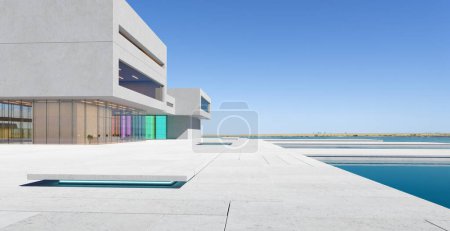 Foto de Arquitectura moderna con una fachada de estanque, hormigón y vidrio, diseño de estilo minimalista, cielos azules, representación 3D - Imagen libre de derechos