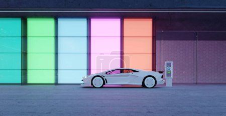 Téléchargez les photos : La voiture de sport électrique est garée et chargée à l'extérieur de la façade en verre avec un design en dégradé de couleur. rendu 3D réaliste - en image libre de droit