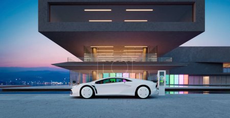 Téléchargez les photos : La voiture de sport électrique est garée et chargée à l'extérieur des bâtiments modernes ont des murs en verre dégradé coloré avec un aménagement paysager de l'étang en face. rendu 3D réaliste - en image libre de droit