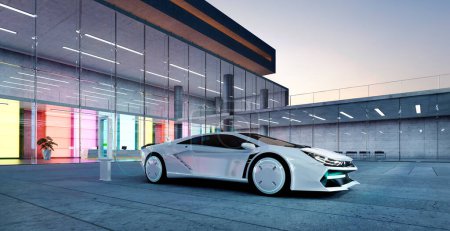 Photo for Modern building exterior and brandless electric EV concept car with my own creative design. 3d rendering - Royalty Free Image