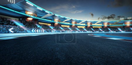 Foto de 3d rendering racing concept of evening scene futuristic racetrack with glass railing and neon light decoration - Imagen libre de derechos