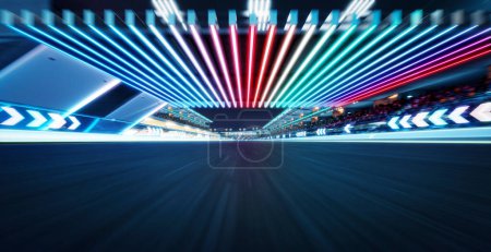 Téléchargez les photos : Moving racetrack with arrow neon light decoration. 3d rendering - en image libre de droit