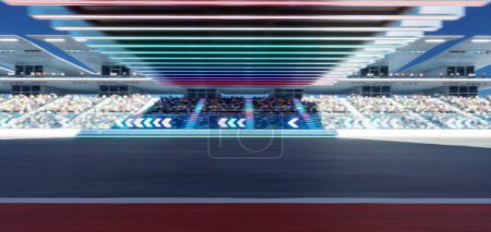 Foto de Moving racetrack with arrow neon light decoration. 3d rendering - Imagen libre de derechos