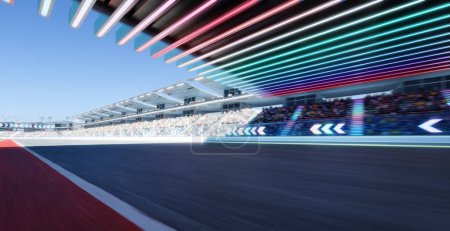 Foto de Moving racetrack with arrow neon light decoration. 3d rendering - Imagen libre de derechos
