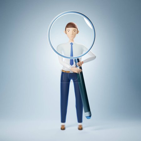 Photo for 3d illustration of young cartoon man holding big magnifying glass isolated on light blue background. Career choice and recruitment concept. - Royalty Free Image