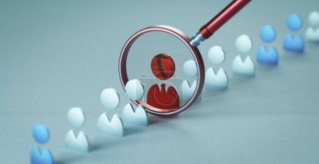 Photo for The view through the magnifier on the one red person icon between other people. Career choice and recruitment concept. - Royalty Free Image