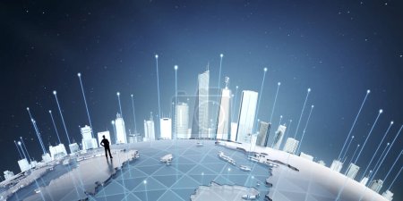 Photo for Businessman standing on Smart city map with big data connection technology concept. 3d rendering - Royalty Free Image