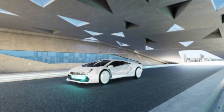 Foto de Futuristic Electric Parking en la carretera de asfalto con un moderno edificio de diseño de elementos de forma triangular en la azotea. Renderizado 3D - Imagen libre de derechos