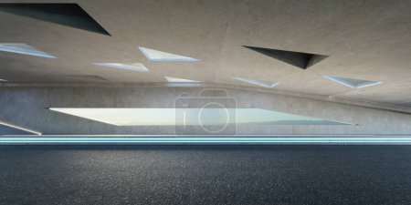 Foto de Carretera de asfalto vacía y arquitectura de techo con diseño de elementos triangulares. Adecuado para el uso de fondo de publicidad del coche. Renderizado 3D - Imagen libre de derechos