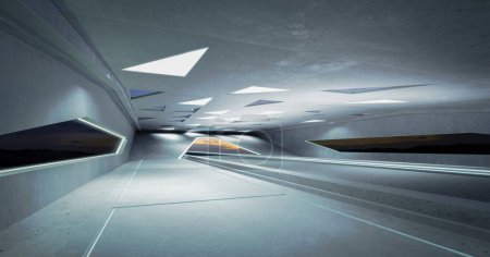 Foto de Suelo de hormigón vacío y arquitectura interior del techo con diseño de elementos triangulares. Renderizado 3D - Imagen libre de derechos