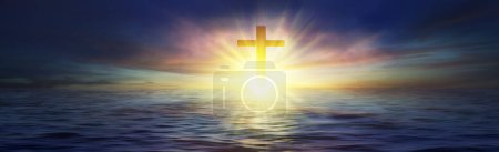 Téléchargez les photos : Croix dans l'océan au lever du soleil, Pâques, concept de résurrection. Rendu 3d - en image libre de droit