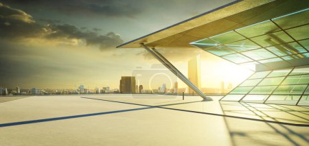 Foto de Piso de hormigón vacío con diseño en forma de polígono exterior moderno edificio. renderizado 3d. - Imagen libre de derechos