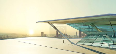 Foto de Piso de hormigón vacío con diseño en forma de polígono exterior moderno edificio. renderizado 3d. - Imagen libre de derechos