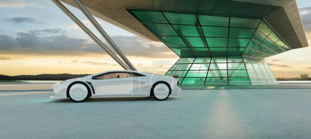 Photo for Empty cement floor with modern building exterior and brandless electric EV car. 3d rendering - Royalty Free Image