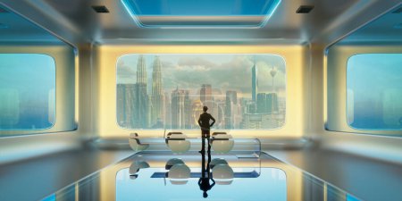 Photo for Rear view of successful businessman looking the sky from his futuristic office ,early morning scene. Realistic 3d rendering - Royalty Free Image