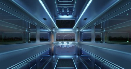 Téléchargez les photos : Moderne sci-fi futuriste design d'intérieur de bureau avec belle vue sur le paysage. Rendu 3d - en image libre de droit