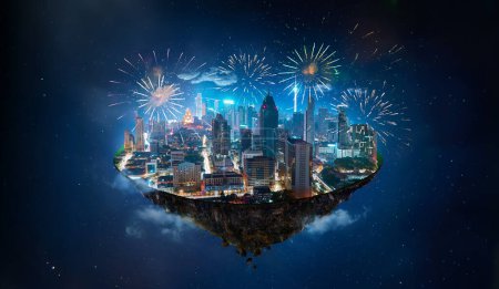 Photo for Fantasy island floating in the air with modern city skyline and lake garden, Night scene with firework celebration. - Royalty Free Image
