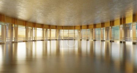 Foto de Futurista formas curvas diseño fachada de metal interior de la oficina. Renderizado 3D - Imagen libre de derechos