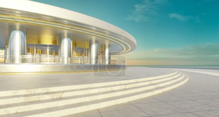 Photo for Modern art curved building exterior with brick floor and stair. 3D rendering - Royalty Free Image