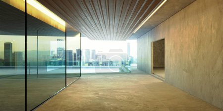 Téléchargez les photos : Vue paysage urbain dans le couloir de bureau avec des colonnes fenêtre en verre. rendu 3D - en image libre de droit