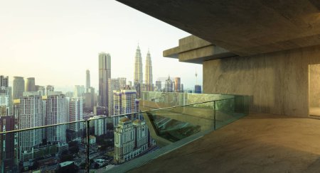 Téléchargez les photos : Vue sur le paysage urbain dans le balcon à l'extérieur de la rampe de verre de bureau. rendu 3D - en image libre de droit