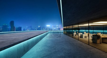 Téléchargez les photos : Design contemporain de forme carrée moderne Architecture bâtiment extérieur avec élément en verre, béton et acier. Scène nocturne. rendu 3D. - en image libre de droit