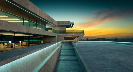 Téléchargez les photos : Design contemporain de forme carrée moderne Architecture bâtiment extérieur avec élément en verre, béton et acier. rendu 3D. - en image libre de droit