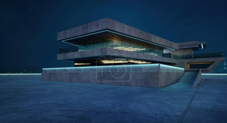 Téléchargez les photos : Design contemporain de forme carrée moderne Architecture bâtiment extérieur avec élément en verre, béton et acier. Scène nocturne. rendu 3D. - en image libre de droit