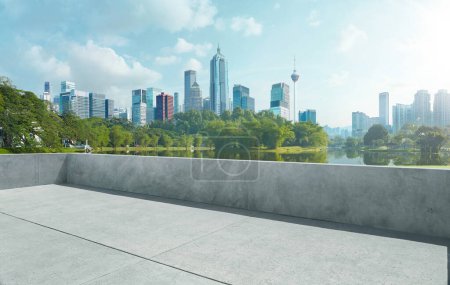 Photo for Empty cement balcony with beautiful cityscape and lake park - Royalty Free Image