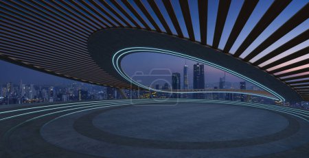Foto de Una vista del horizonte de la ciudad por la noche desde la parte superior de un edificio, que muestra rascacielos iluminados, farolas, tráfico y un entorno urbano bullicioso.Representación 3D - Imagen libre de derechos