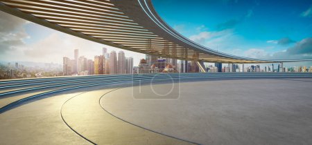 Téléchargez les photos : Vue grand angle d'une terrasse d'observation moderne surplombant les toits de la ville au coucher du soleil. rendu 3D - en image libre de droit