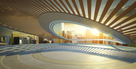 Contemporary city viewpoint with wooden slats and skyline backdrop during golden hour. 3D render